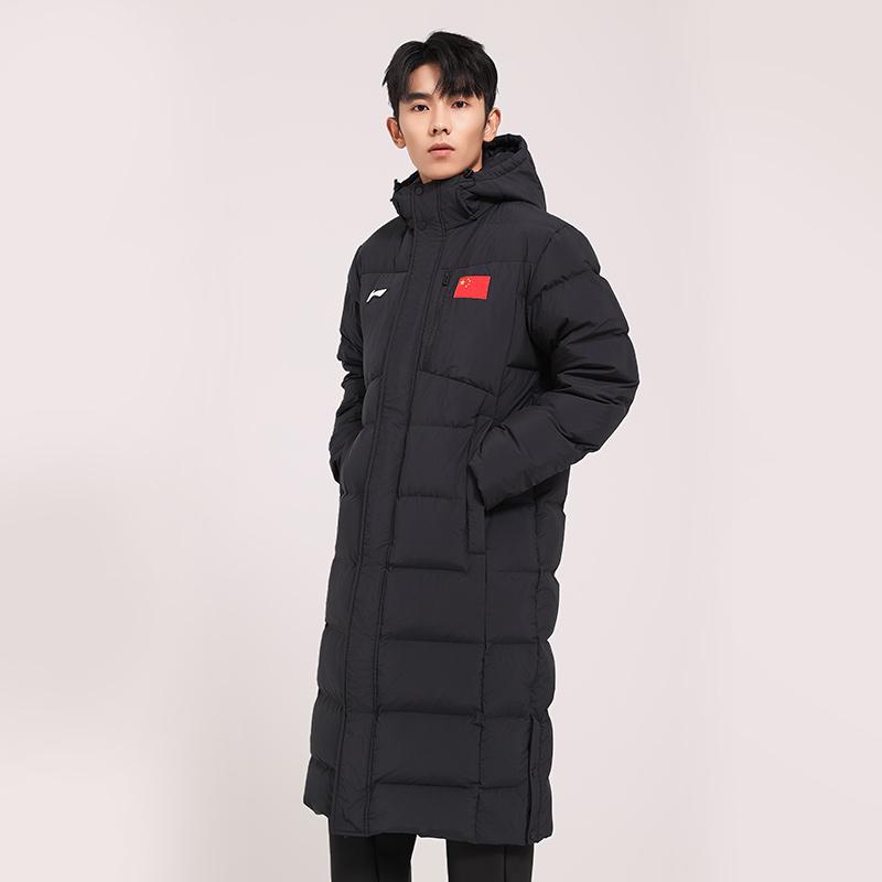 Li-Ning Knee-Length Warm Side-Slit Versatile Hooded Down Jacket Unisex Outerwear Black AYMS185-4
