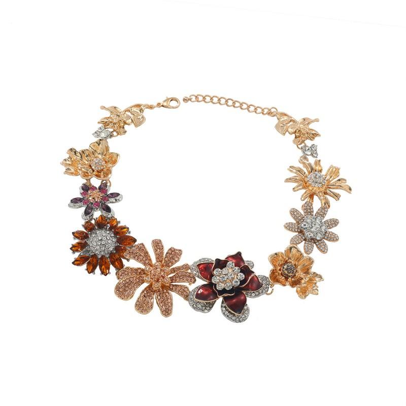 Elegant Floral Statement Necklace Women Gold Tone Crystal Embellished Chunky Choker With Adjustable Chain Gold