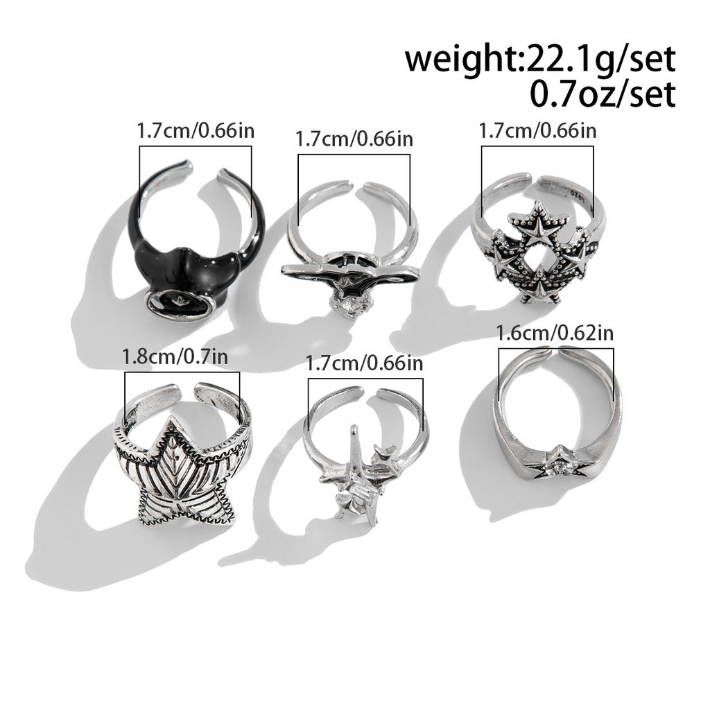 SHIXIN 6Pcs/Set Vintage Silver Color Star Open Ring Set for Men Punk Geometric Adjustable Finger Ring Fashion Male Jewelry Gift