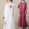 Conjuntos Femininos de 2 Peças Mangas 3/4 Camisas Bordadas Vintage Calças de Perna Larga Conjunto de Verão Algodão Linho Casual Conjunto Combinando