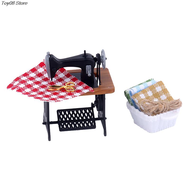 1Set 1:12 Dollhouse Miniature Sewing Machine Scissor Cloth Storage Box Furniture Sewing Scenes Decor Toy Doll House Accessories