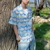 Men Blue Beige Zigzag Print Cuban Collar Short Sleeve Shirt