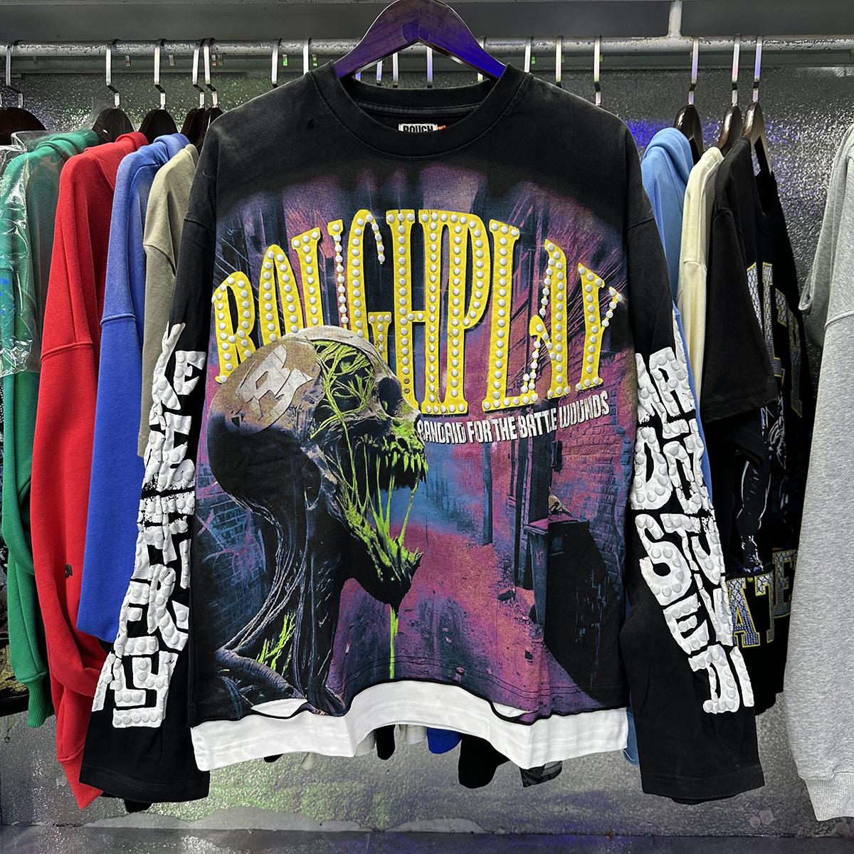 

Американська модна ретро-худі з потертостями Streetwear - Довгий рукав, Осінь/Зима, Повсякденний шар XL