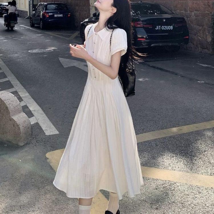 Women's White Puff Sleeve A-Line Dress - Slim Waist, Wide Hem, Chic First Love Style