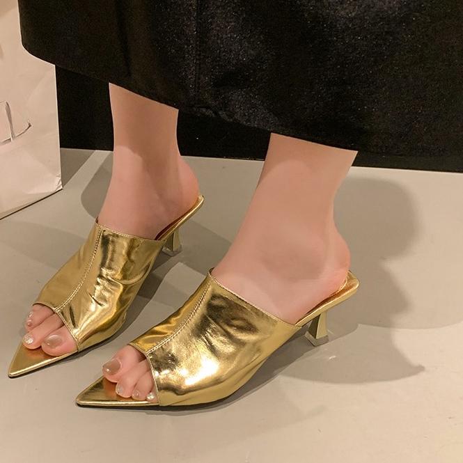 Fashion Summer New Patent Leather High Heel Sandals Stipple Heel Pointed Toe Open Toe Sex Wear Non-Slip Slip Slippers for Women