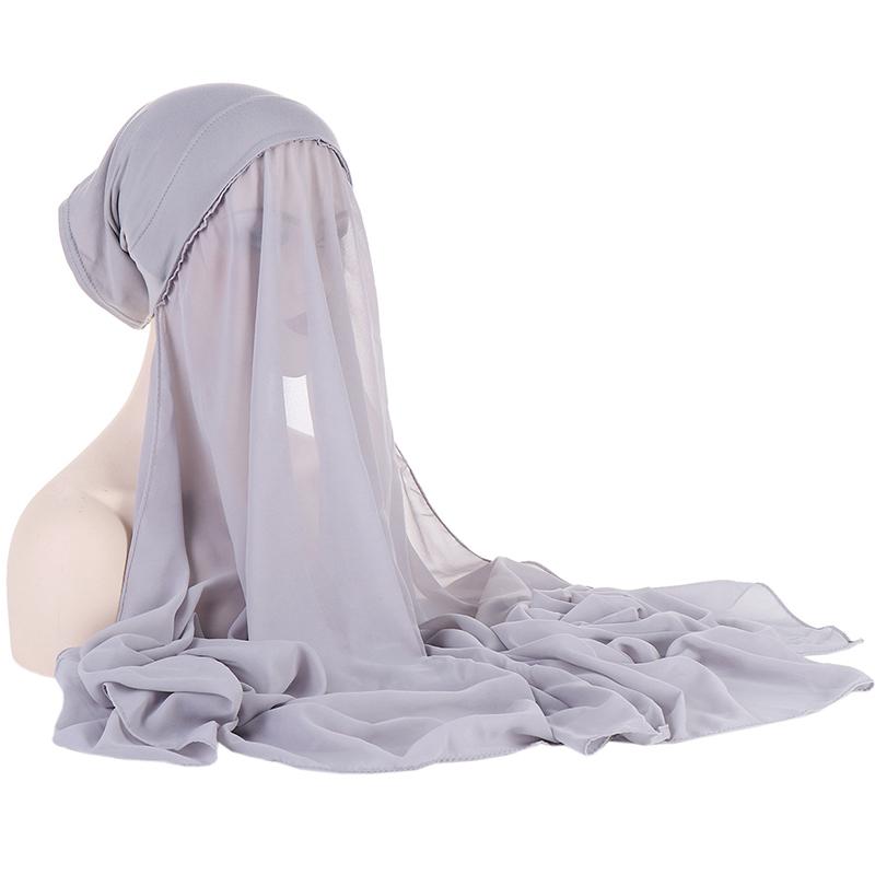 1Pc Muslim Shawl Scarf Chiffon Hijab Breathable Turban Head Wrap Women Solid Color Polyester With Inner Cap