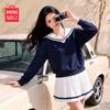 Women's Autumn Color-Blocked Navy Collar Sweatshirt