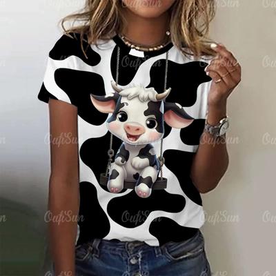 T-shirt da Donna alla Moda 3D Bianco e Nero Stampa Mucca da Latticini Animale Carino Maniche Corte Magliette Top Tendenze Estive Abbigliamento Femminile