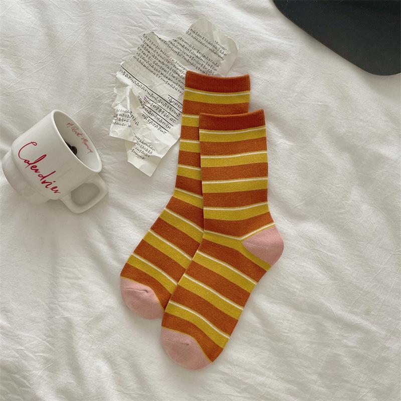 Korean Contrasting Striped Rolled Socks Are Simple And Sweet, Retro Preppy Style Versatile Mid-Leg Socks Are Thin In All Seasons