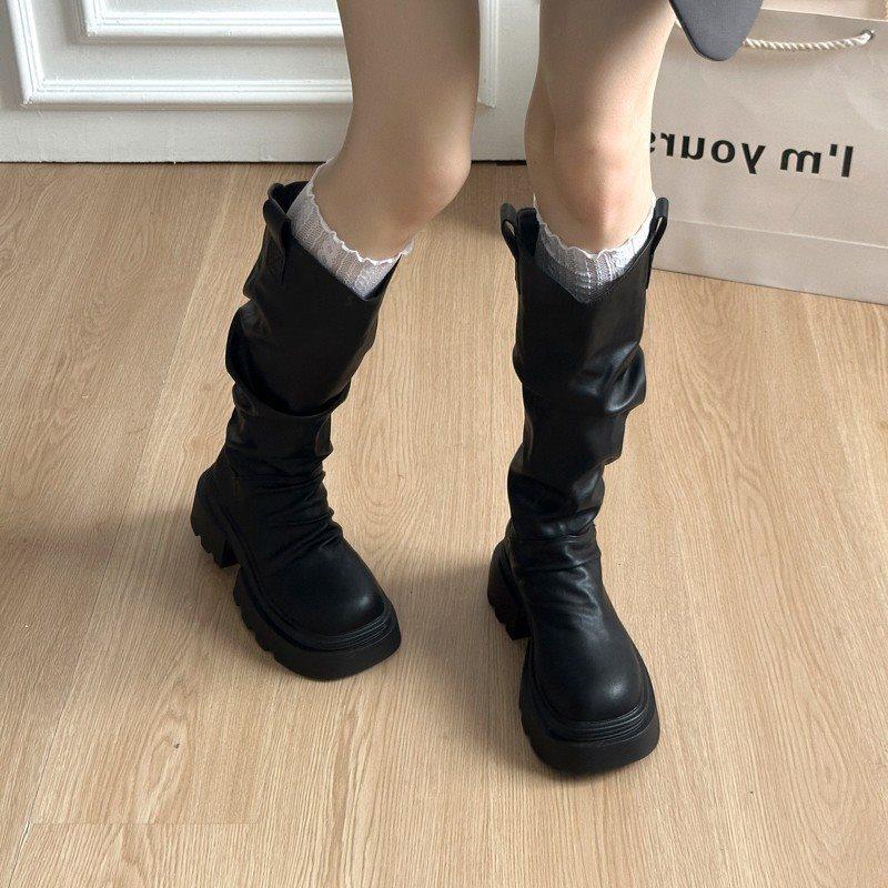 2025v Autumn and Winter Versatile Fashion Thick-soled Boots Thin Boots New High Boots Stacked Pants Tube Knight Boots