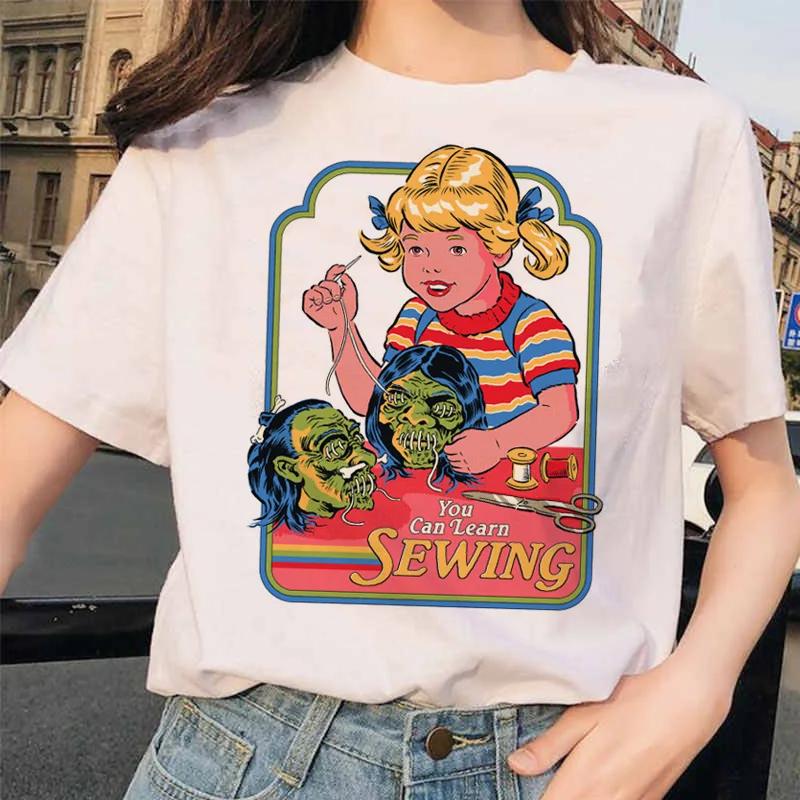 Pojďme vyvolávat démony Estetické tričko Dámské Letní Ležérní Harajuku Kreslený potisk Satan Krátký rukáv Topy Camiseta Mujer