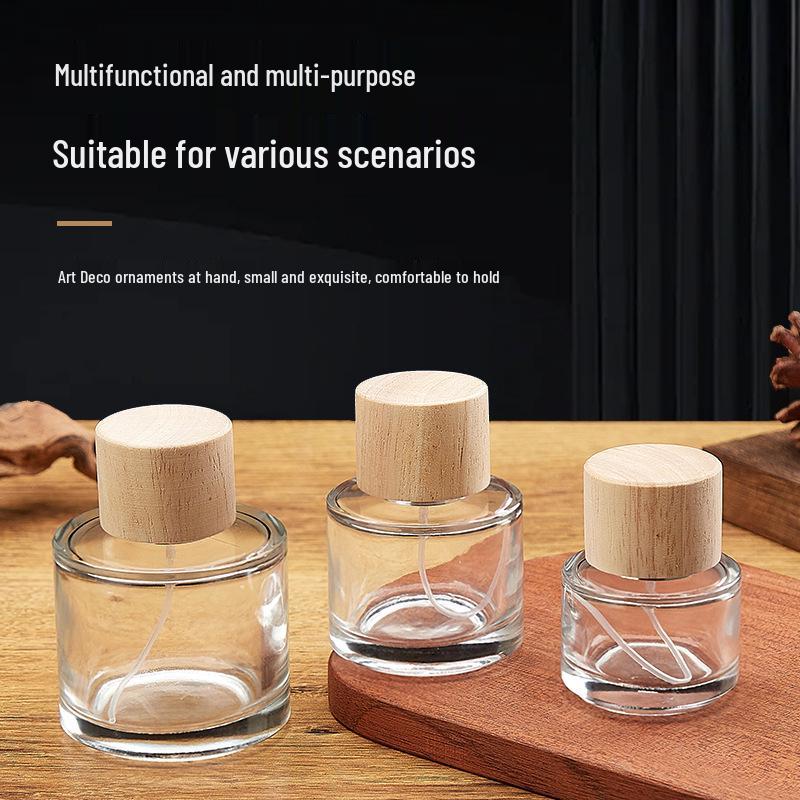 30ml High-End Glass Perfume Bottle with Wood Grain Snap-on Lid - Empty Refillable Fine Mist Dispenser