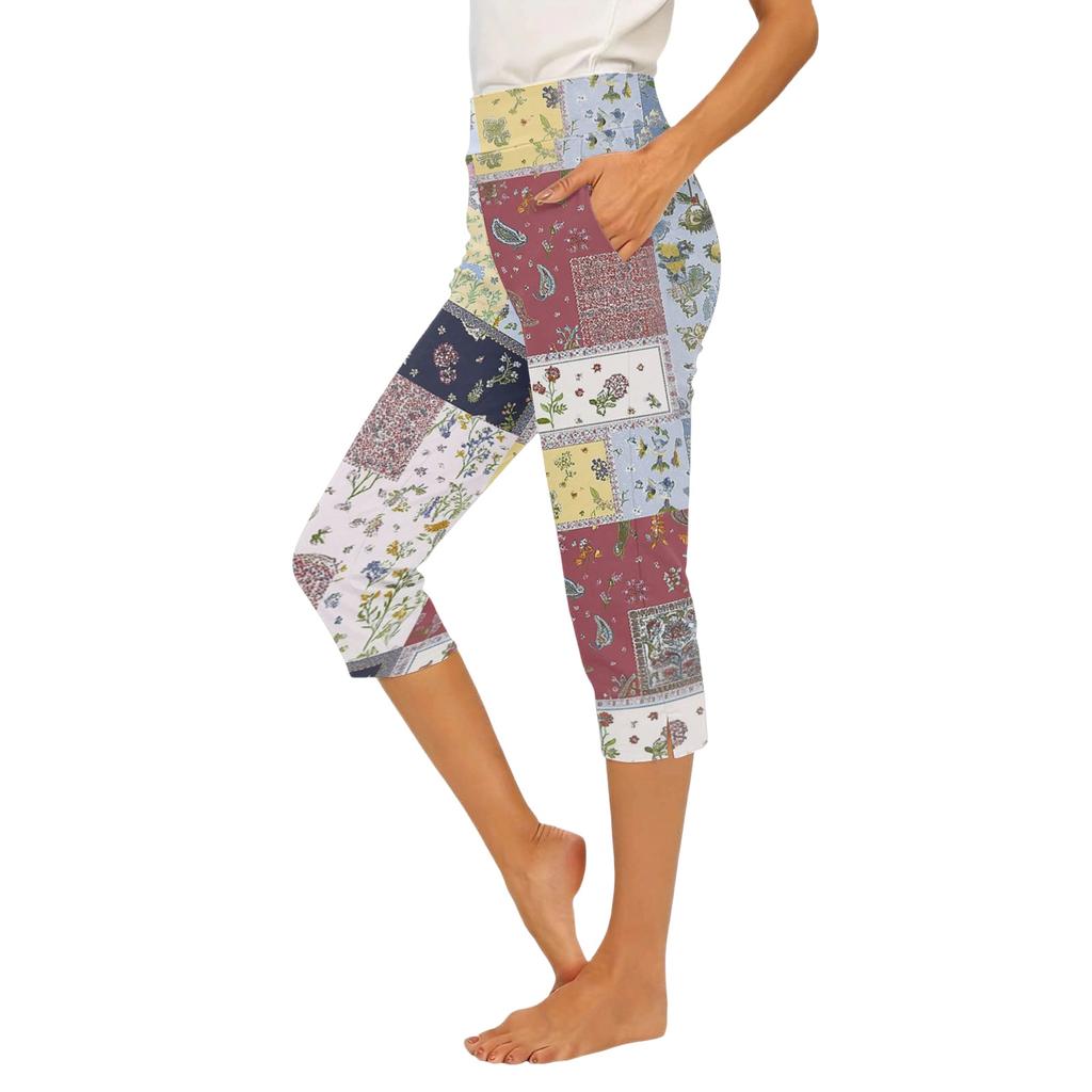 Women's Casual Elastic Waist Capri Pants with Pockets Split Hem Slim Fit Lightweight Comfortable Stretchy Material