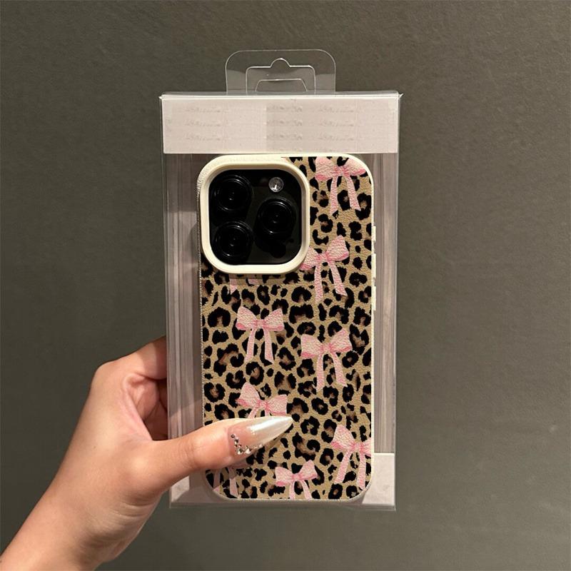 Leopard Print Pink Bow Pattern Lychee Texture Phone Case For iPhone 17 16 15 14 13 12 11 Pro Max Plus 17 Air X XS XR Soft Cover