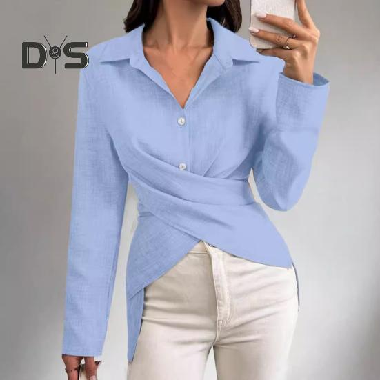 Damen-Hemd mit Revers, lange Ärmel, einreihig, Oberteile, einfarbig, Knopfleiste, Herbsthemd für den Alltag
