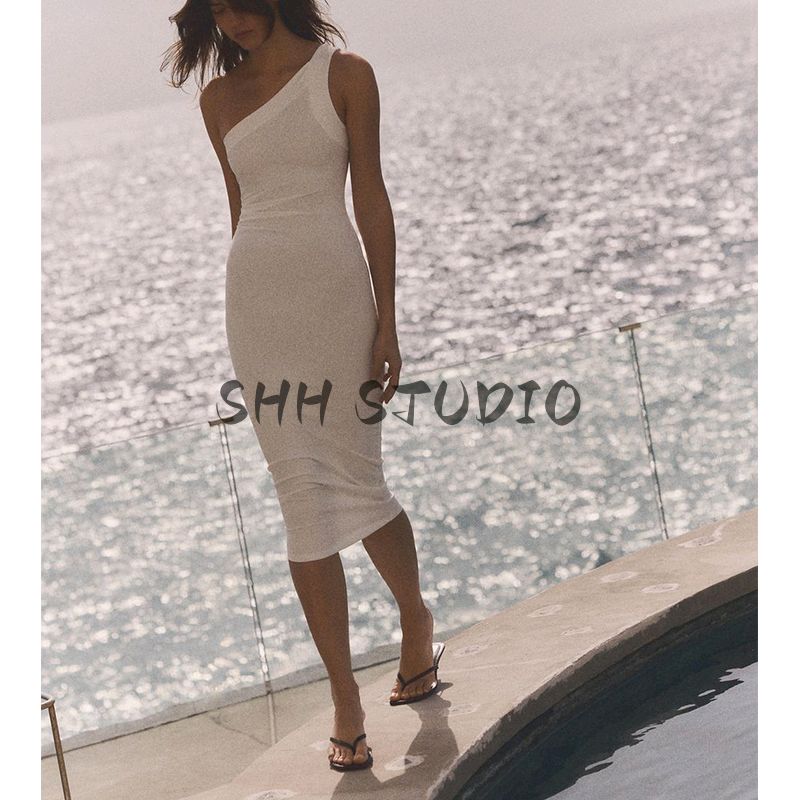 Spring and Summer Women's Clothing Pleated Decorative Wide Shoulder Strap Asymmetric Sleeveless Elegant Midi Skirt Dress 6050318