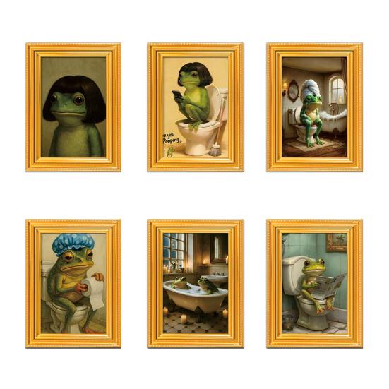 1/6Pcs Abstract Frog Refrigerator Magnet Vintage Cartoon Green Frog Fridge Magnet with Frame Home Kitchen Office Decoration