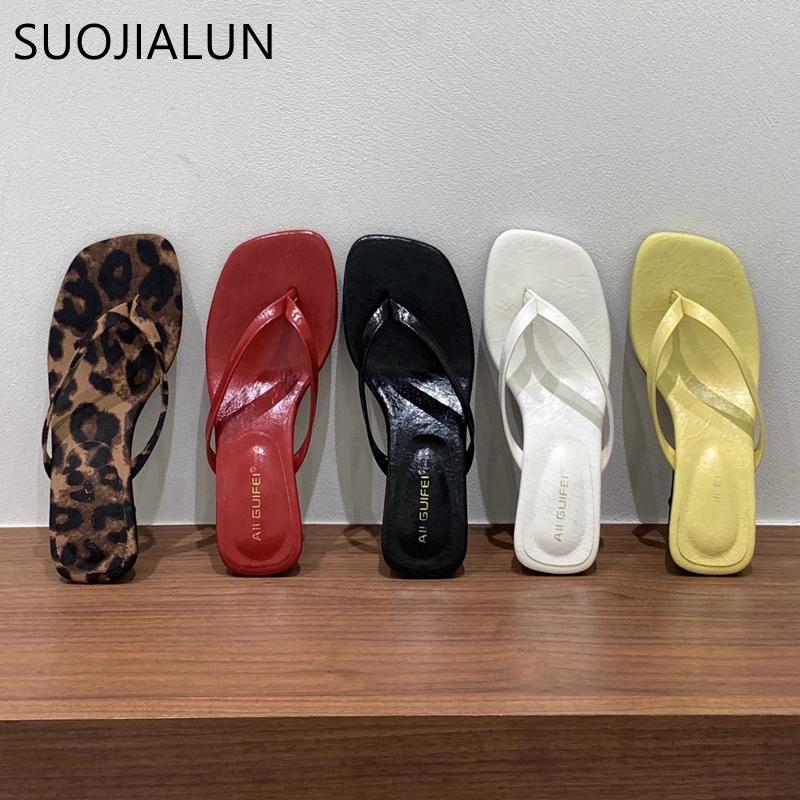 Fashion SUOJIALUN 2025 Summer New Brand Women Slipper Fashion Narrow Band Slip On Flip Flop Shoes Square Med Heel Dress Slides Shoes