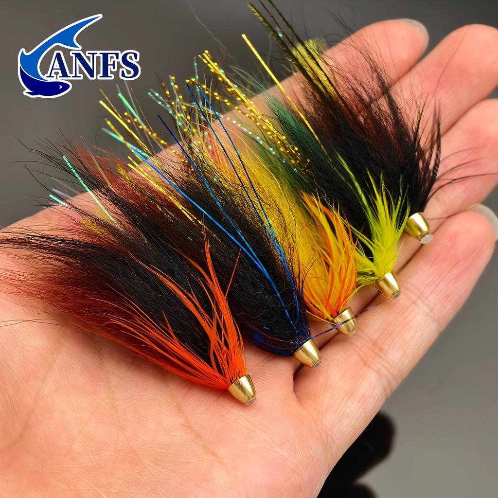 5pcs Copper Head Cone Tube Worm Fly Fishing Lures, Mixed Color Wet Bait for Salmon and Trout