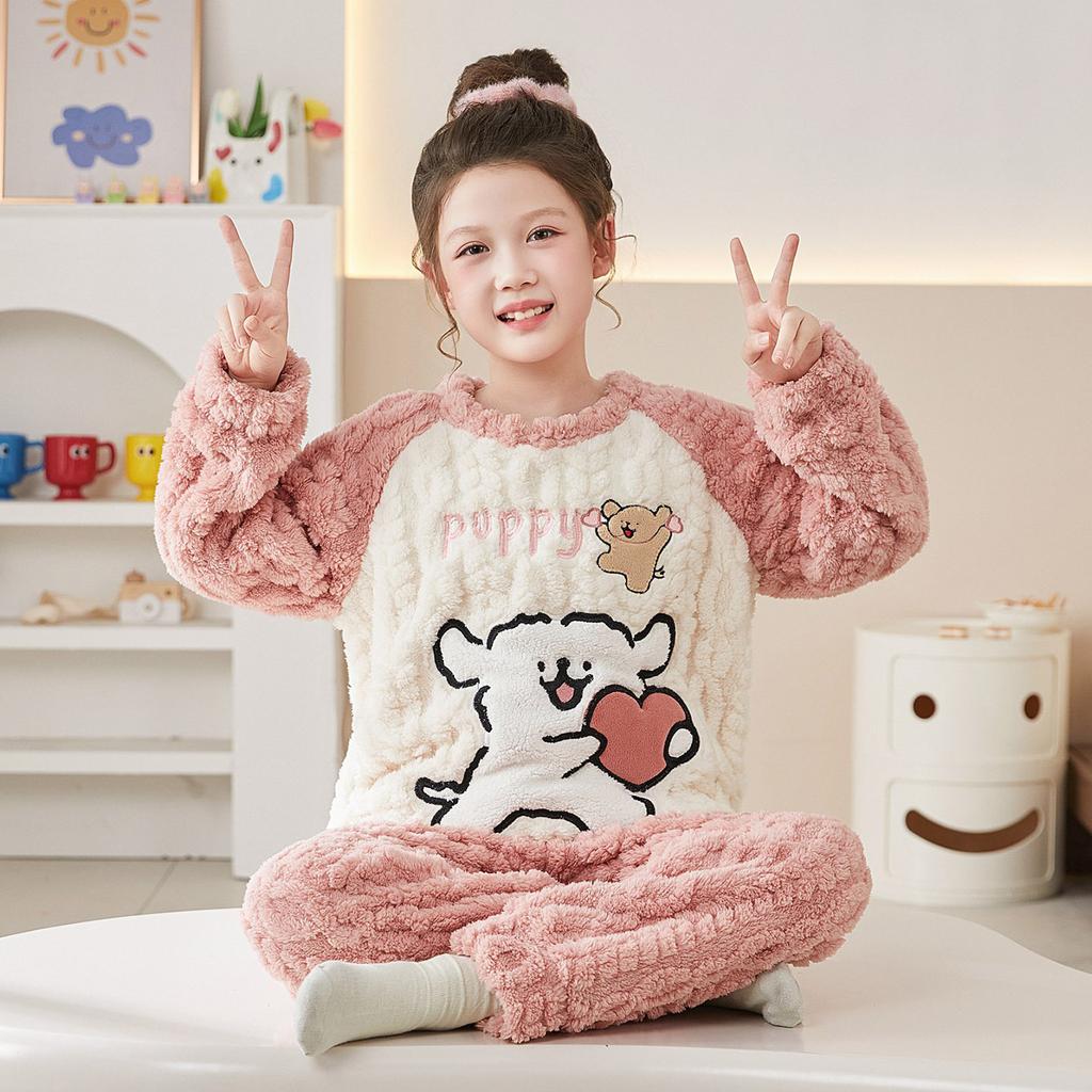 Kids Flannel Pajamas Set Boys Girls Warm Long Sleeve Top And Pants Sleepwear Winter Home Nightwear