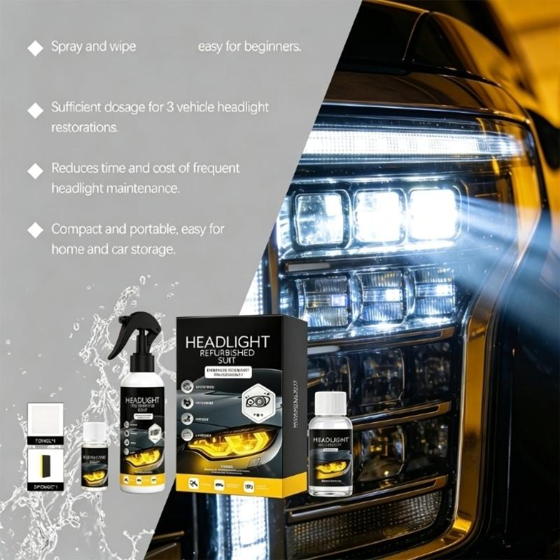Vehicle Headlight Polish and Protective Restoration Kit, Lens Appearance Care with Pump Mist, Sponge and Microfiber-Style Cloth for Daily Use