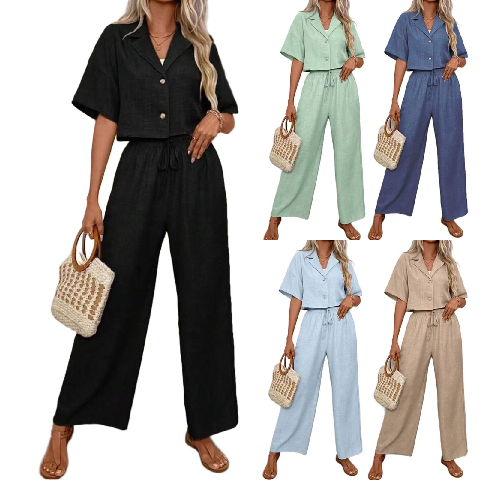 

Womens Two Piece Sets Casual Loose Short Sleeve Collared Botton Down Tops And Elastic Waist Drawstring Wide Leg Pants XL небо синє кольору
