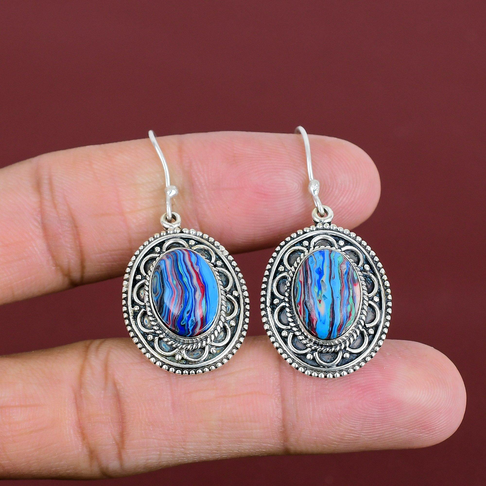 Rainbow Calsilica Earring Gemstone Jewelry 925 Sterling Silver Earring Handmade Earrings Rainbow Calsilica Jewelry Vintage Earring For Gifts