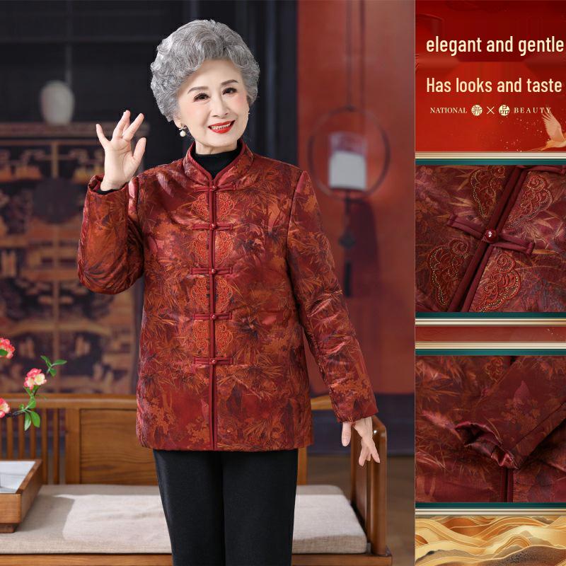 Winter Chinese Style Plate Buckle Padded Jacket for Elderly Women - Festive Tang Suit