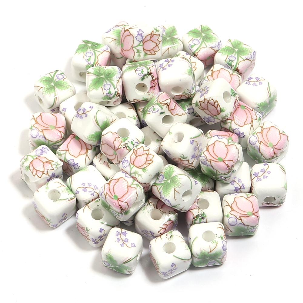 20pcs 8mm Flower Patterns Square Ceramic Beads Big Hole Porcelain Loose Beads For Jewelry Making DIY Bracelets Necklace Findings