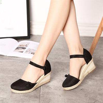 Ladies Straw Hemp Rope Sandals Retro Linen Canvas Wedge Round Toe Casual Sandals Singles Shoes Elegant Closed Toe Sandal