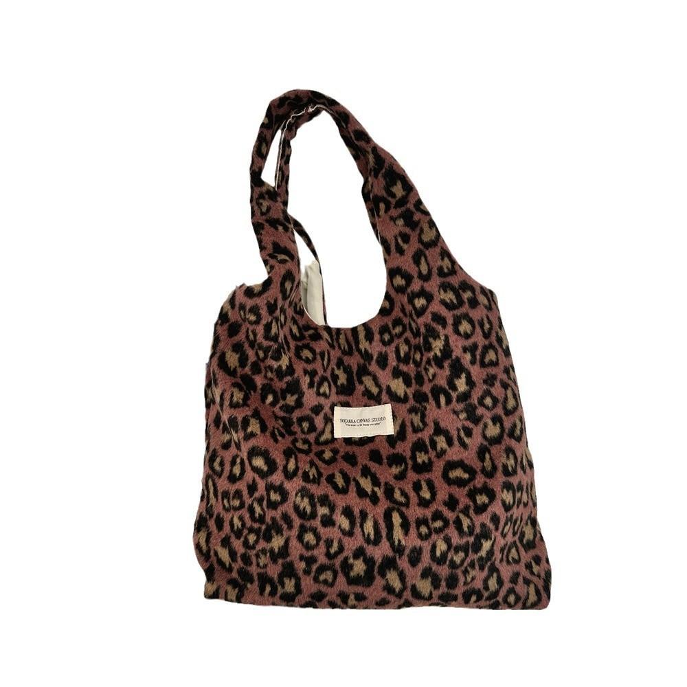 Chic And Trendy Wool Leopard Print Shoulder Tote Bag For Daily Fashion Needs
