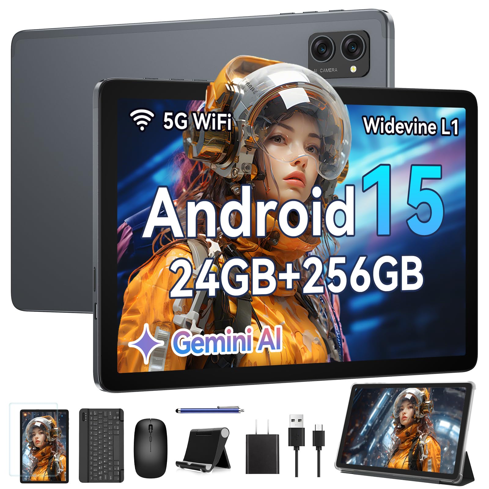 

New T20 Android 15 Tablet with 24GB 256GB 2TB Expandable WiFi 6 GPS Wireless PSE Widevine Netflix Kids Online Wireless and A Great Gift for Seniors сірий колір