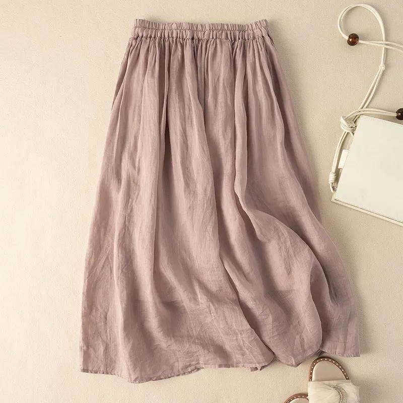2024 Women's Summer Hanfu Mid-Length Skirt - Retro Cotton/Linen, Hip-Covering, High-End Solid Color Design
