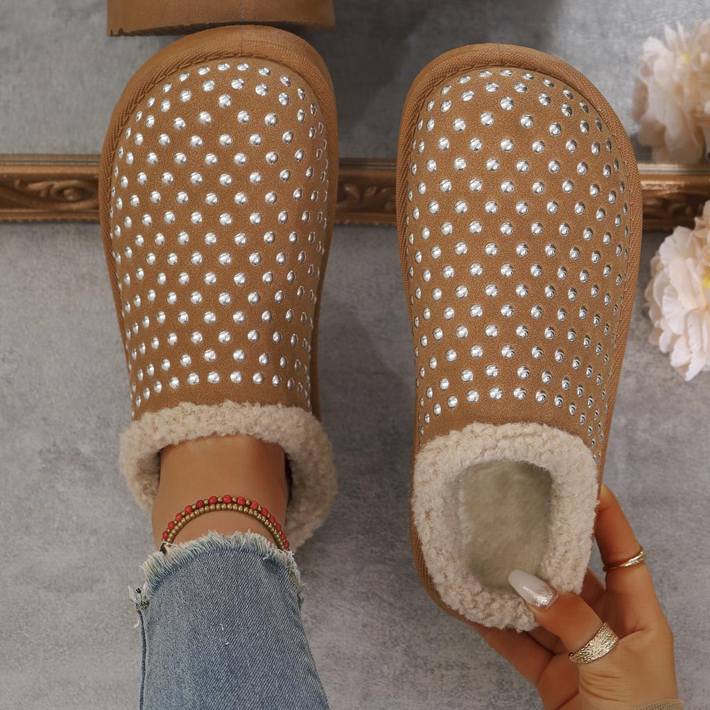 Fashion Autumn Winter Fashion Platform Slippers for Women 2025 Rhinestone Warm Plush Cotton Shoes Comfortable Non-slip Home Slippers