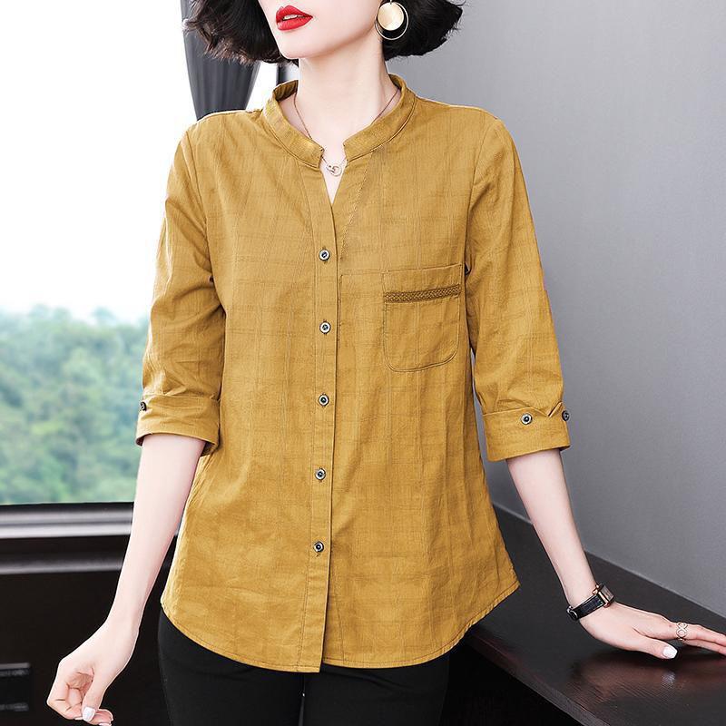 

Женская рубашка большого размера с рукавом семь дюймов, весна-лето, свободная хлопковая клетчатая рубашка, женская блузка, топ 4XL