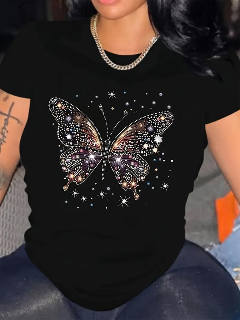 Europäische Größen Neues Damen-Kurzarm-T-Shirt | Schwarzes Bequemes Atmungsaktives Slim Fit T-Shirt für Damen mit Schmetterlingsmuster