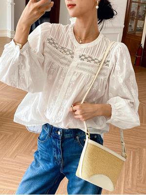 Camicia Bianca da Donna a Maniche Lunghe in Stile Europeo con Ricamo Francese