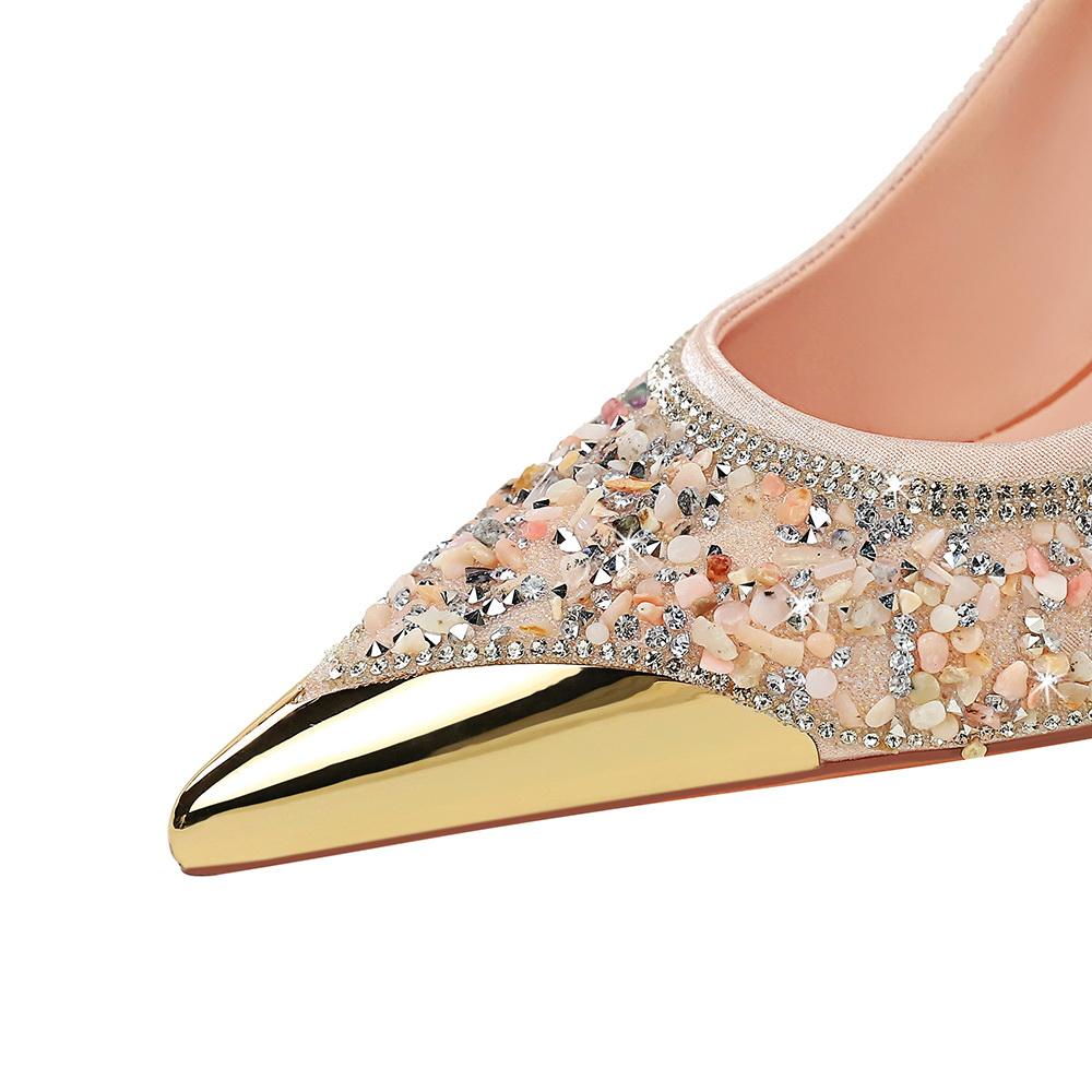 9.5CM Style Fine Heel Rhinestone High Heels Metal Pointed Women's Shoes Shallow Mouth One Pedal Crystal Single Shoes Women
