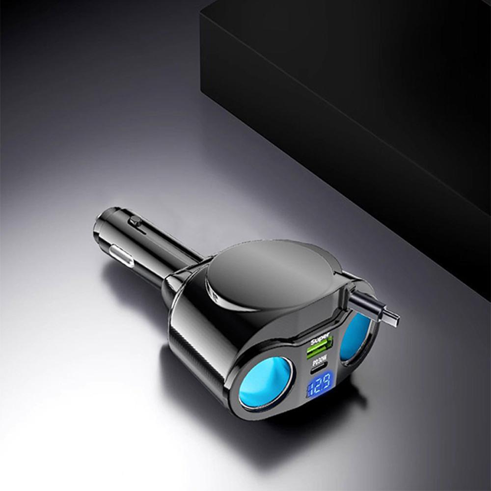 PD30W Einziehbarer Autoladegerät, 5-in-1 Schnelllade-Autoladegerät 120W mit Digitalanzeige Autoladegerät-Adapter Autozubehör Für iPhone, Samsung