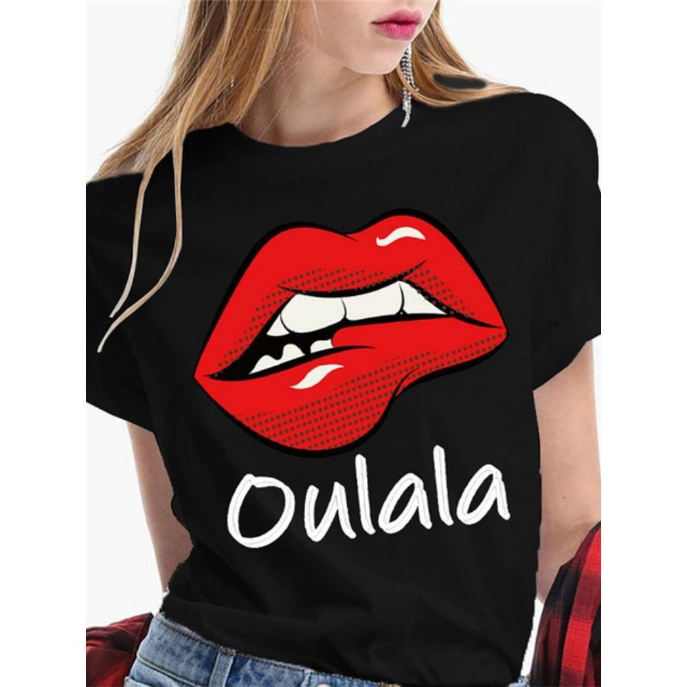 Fashion Sexy Red Lip Women T Shirt Funny Kiss Lips Print Ladies T-shirt Casual Basis O-collar Short Sleeves Female Tops Tees