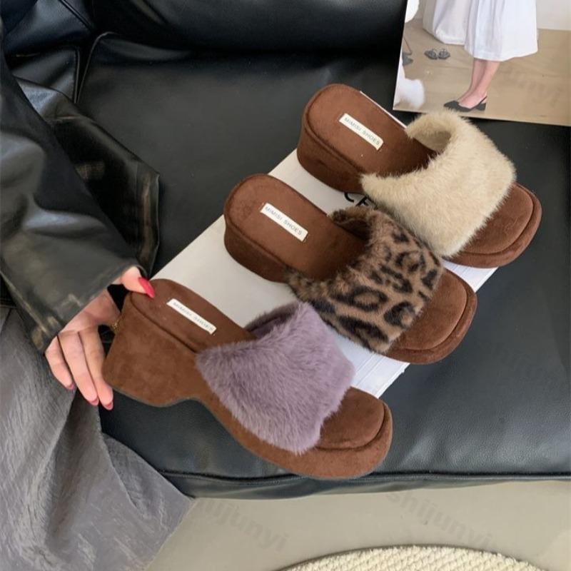 Women's Cotton Slippers 2026 Autumn Winter Fashion Leopard Print Chunky Comfortable Versatile Warm Wedge Heeled Plush Slippers