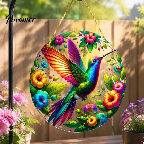 Natural Atmosphere Wall Decor Colorful Hummingbird Hanging Decoration, Stained Acrylic Suncatcher for Window Translucent Art Piece Decor, Decorative