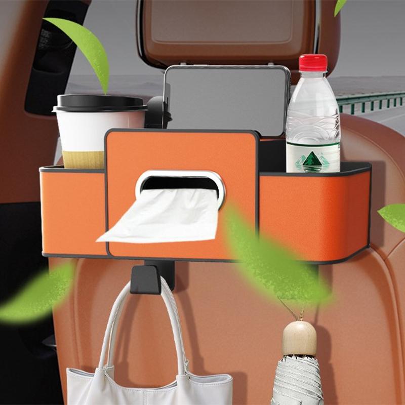 Organizer na tylne siedzenie samochodu, schowek na oparcie siedzenia samochodu z pudełkiem na chusteczki, 2 uchwyty na kubki, haczyki na zagłówki, niezbędne rzeczy w samochodzie, wielofunkcyjny organizer samochodowy