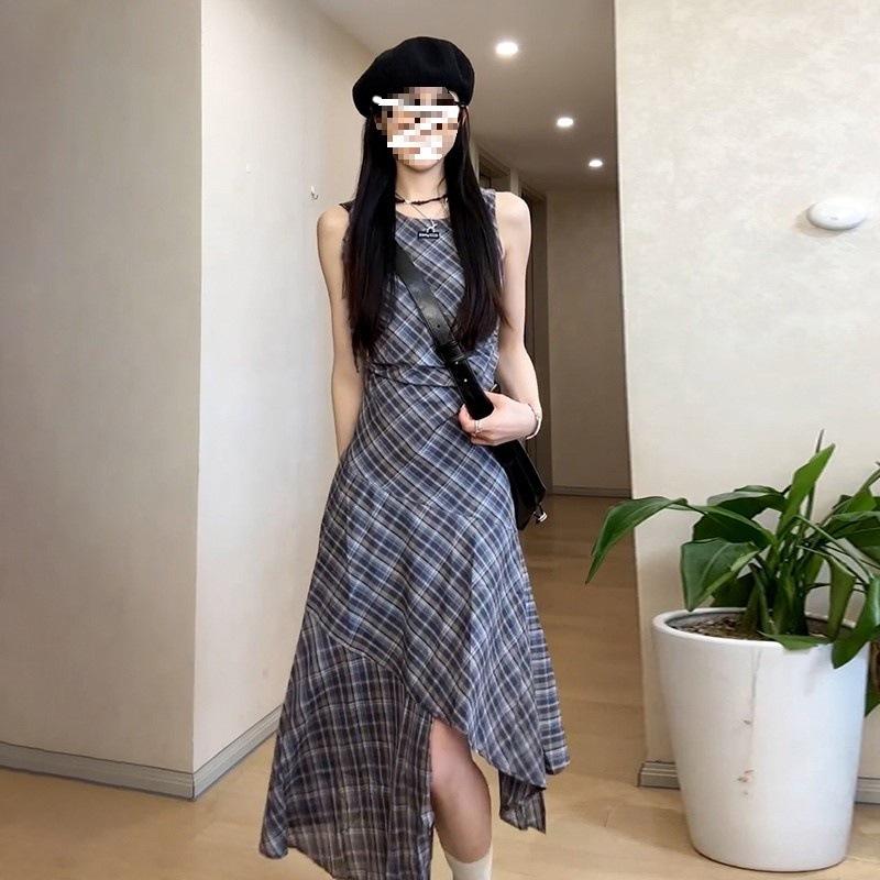 Women's Summer Plaid Vest Dress - American Street Style, Niche Design, Mid-Length Irregular Skirt