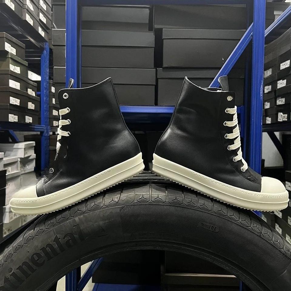 Dark Shadow R-o Genuine Leather High Top Black Zip Lace Up Casual Shoes Men Women Thick Sole Luxury Sneakers Flat Ankle Boots