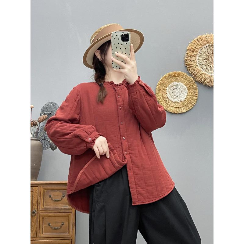 2025 Autumn/Winter Elegant Stand Collar Lace Long Sleeve Cardigan Top for Women in Japanese Literary Style Medium красный