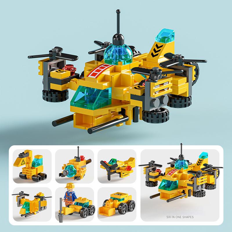 6 in 1 Mega City Building Set - Police Car, Fire Truck, Crane, Tank, Helicopter & More, Construction Engineering Toys Gift