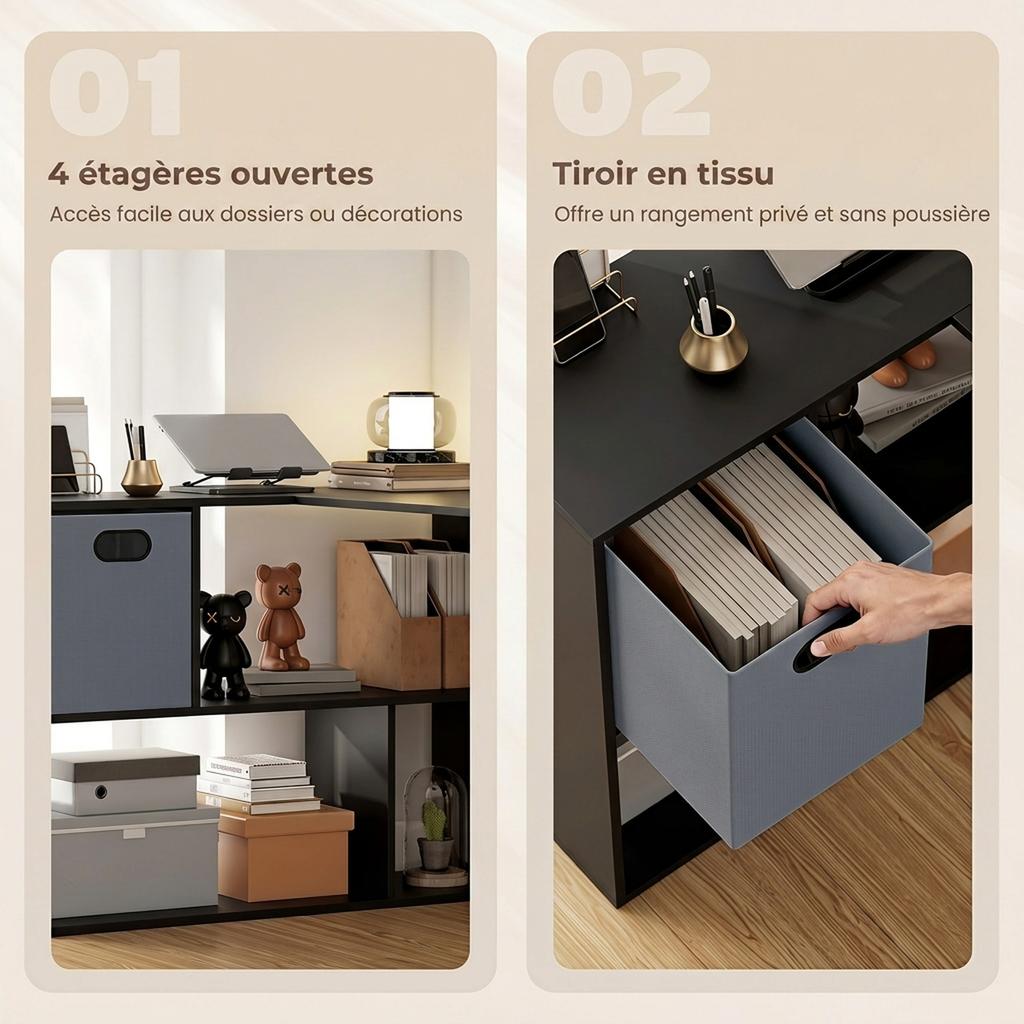 Corner Computer Desk, Fabric Drawer, Open Compartments, 110 x 100 x 75 cm, Black