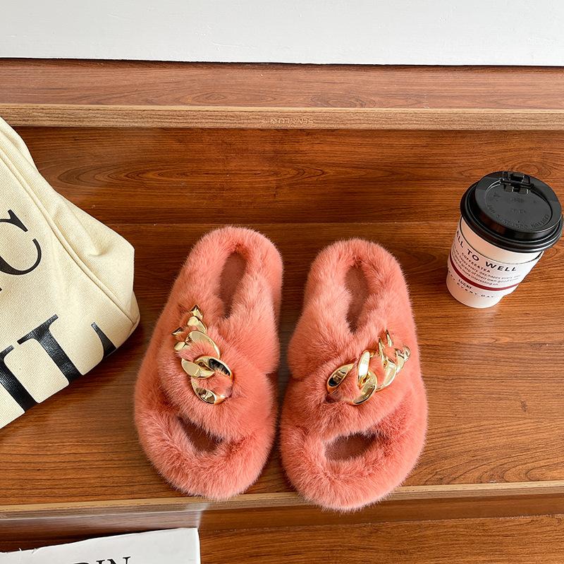 European goods heightened thick-soled fluffy slippers women wear high-end explosion spring and autumn chain Internet celebrity cross plush slippers