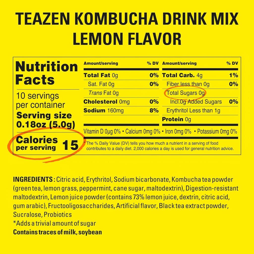 TEAZEN Lemon Kombucha Tea, bez cukru, musująca, fermentowana, w proszku, żywe probiotyki i prebiotyki, 10,30 saszetek po 5 g na saszetkę